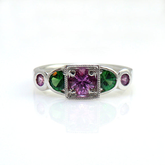 14k white gold art deco style pink sapphire and tsavorite garnet ring