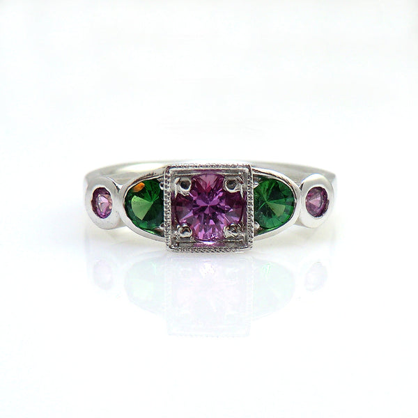 14k white gold art deco style pink sapphire and tsavorite garnet ring