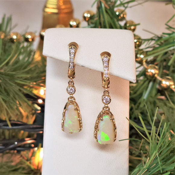 Custom 14k yellow gold opal and diamond earrings