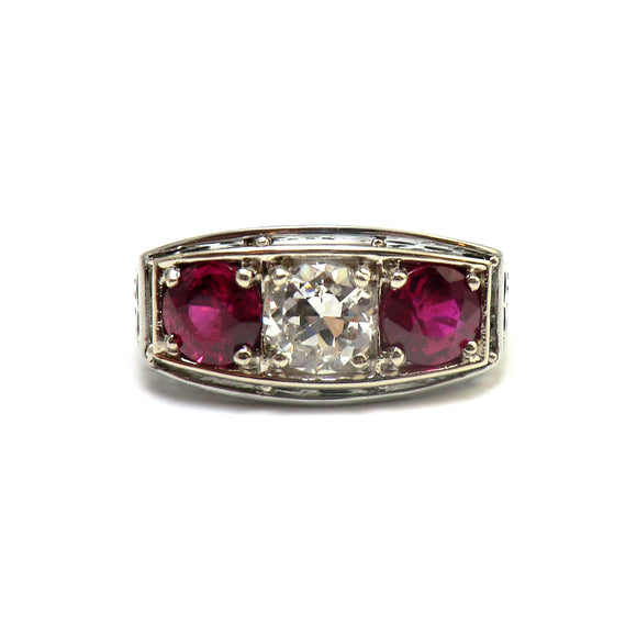 vintage 14 karat white gold ruby and diamond ring