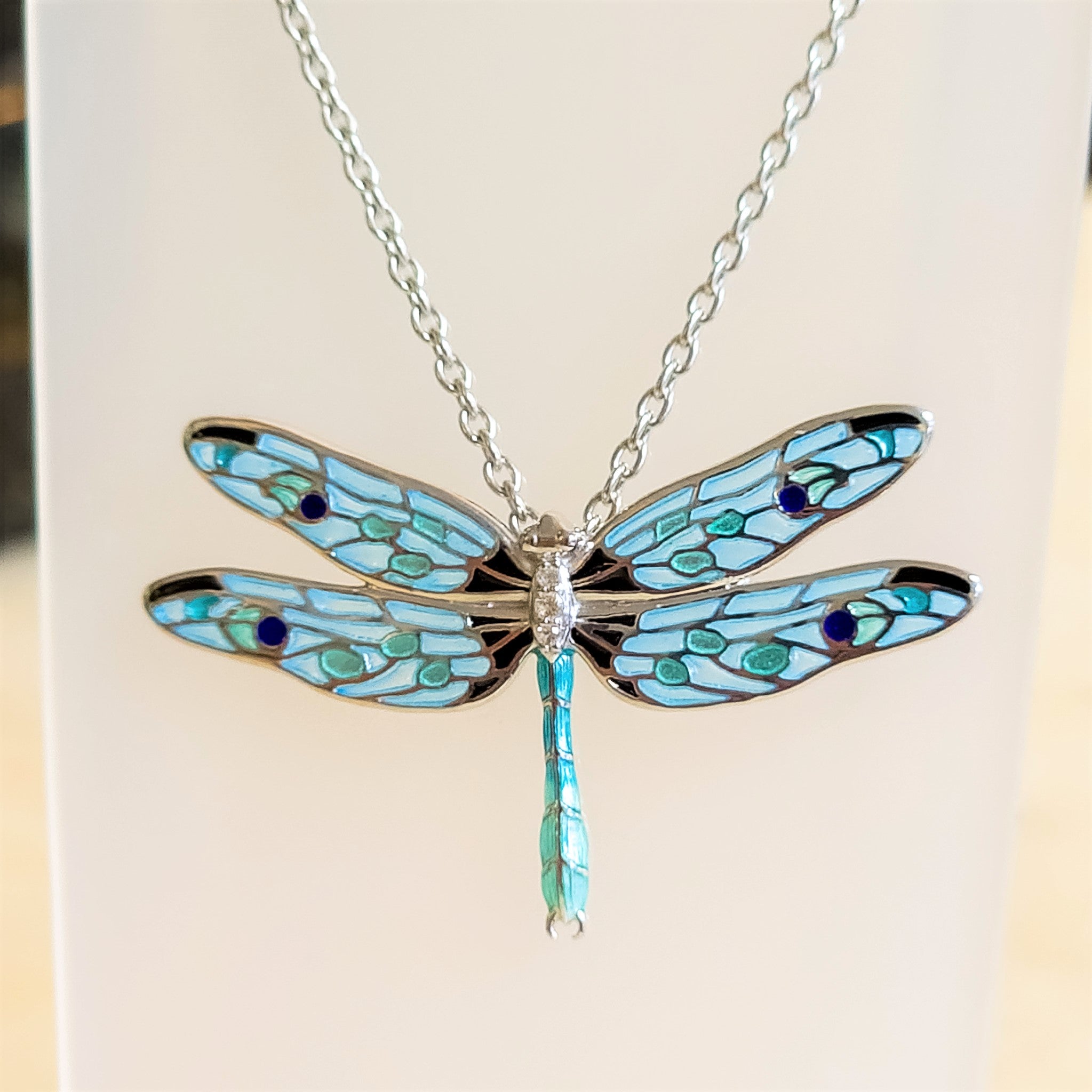 Enamel Dragonfly Necklace- Light Blue & White – Dandelion Jewelry