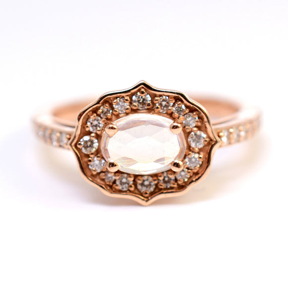 14k rose gold moonstone and diamond ring