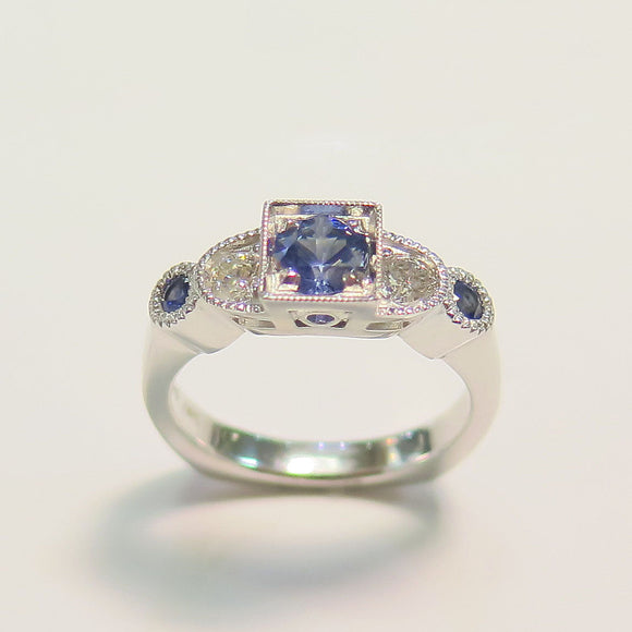 14k white art deco style ring with sapphire and diamond
