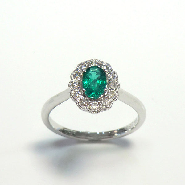 14k white double milgrain ring with emerald and diamond