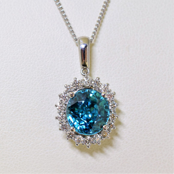 14k white gold blue zircon and diamond pendant