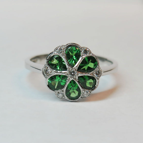 14k white gold tsavorite garnet &amp; Diamond Floral Cluster Fashion Ring