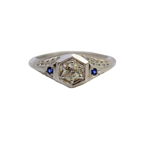 14k white gold vintage style diamond and sapphire ring