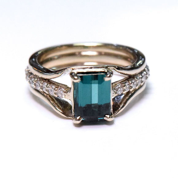 14k white indicolite tourmaline and diamond ring