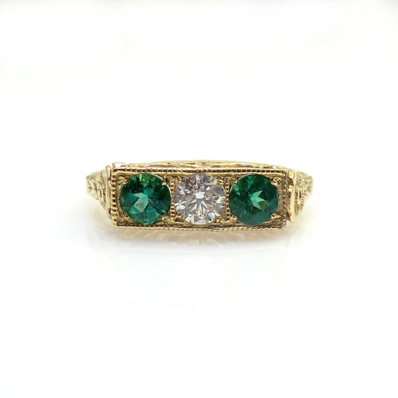 14k yellow gold antique style emerald and diamond ring