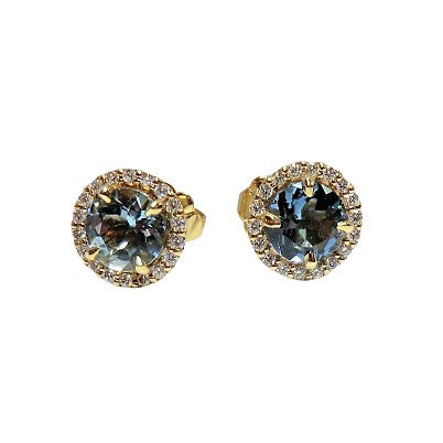 14k yellow gold aquamarine and diamond stud earrings