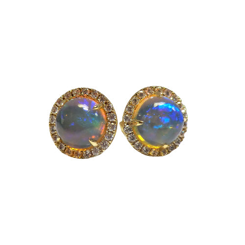14k yellow gold opal and diamond stud earrings