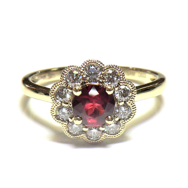 14k yellow gold ruby and diamond halo ring