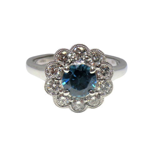 18k white gold blue zircon and diamond ring