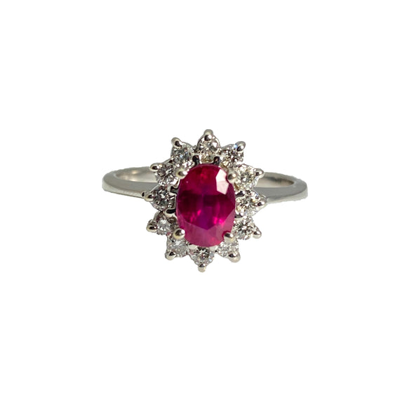 18k white gold ruby and diamond halo ring