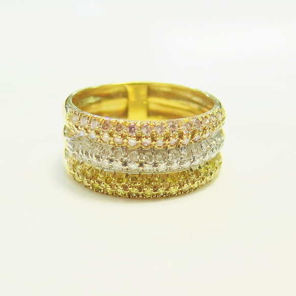 18k yellow triple row band with white, pink and yellow diamonds