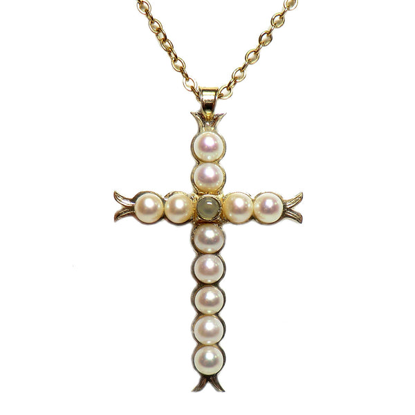 Custom 10 karat yellow gold pearl cross