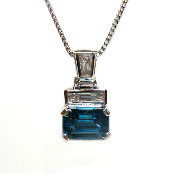 Custom 14 karat white gold blue zircon and diamond pendant
