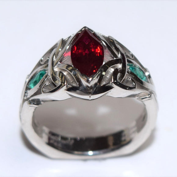 Custom 14k White Chatham Ruby and Emerald Ring
