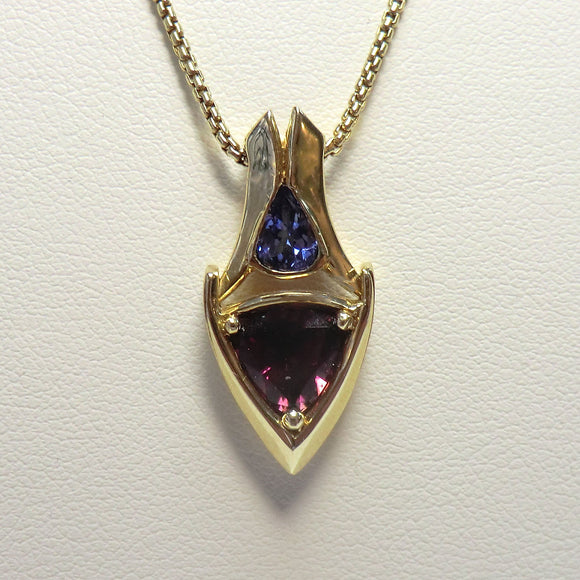 Custom 14k Yellow Pendant with Rubelitte Tourmaline and Tanzanite