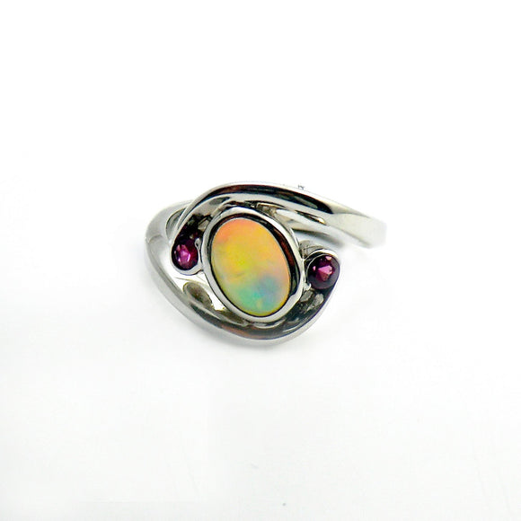 Custom 14k white gold opal and pink tourmaline ring