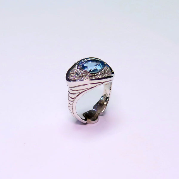 Custom 14k white ring with aquamarine and diamonds