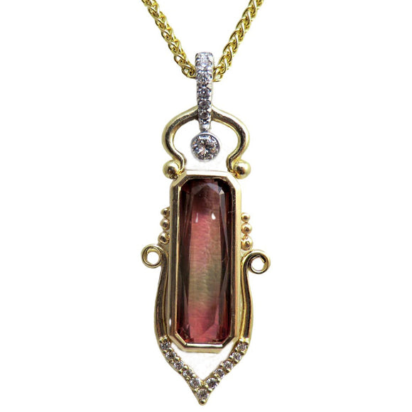 Custom 14k yellow gold tourmaline and diamond pendant V2