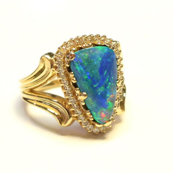 Custom 18k Yellow Boulder Opal and Diamond Ring