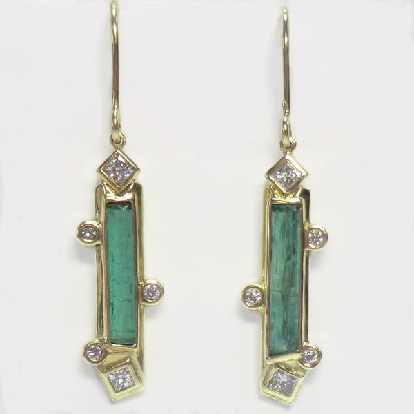 Custom 18k Yellow Emerald and Diamond Dangle Earrings