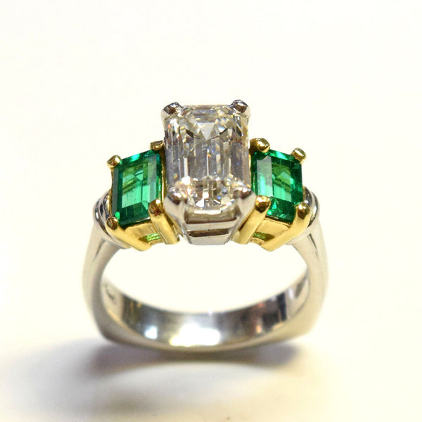 Emerald Cut Diamond and Emerald Ring