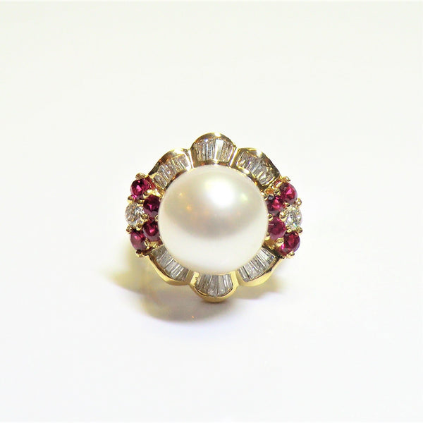 Estate 18k yellow gold pearl, ruby and diamond ring