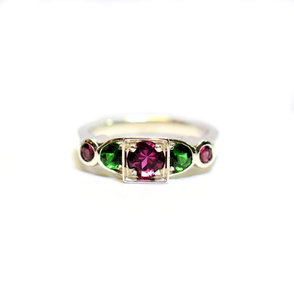Sterling silver pink and green tourmaline ring