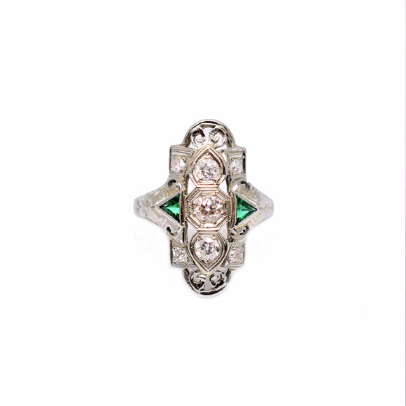 Vintage 18k white gold diamond and synthetic emerald ring