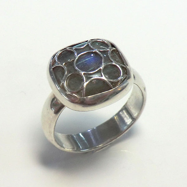 White sterling silver ring with labradorite