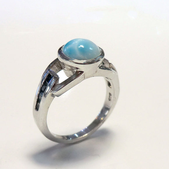 White sterling silver ring with larimar and blue topaz