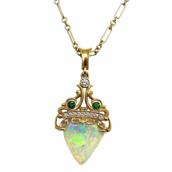 custom 14 karat yellow gold opal, chrome tourmaline and diamond pendant