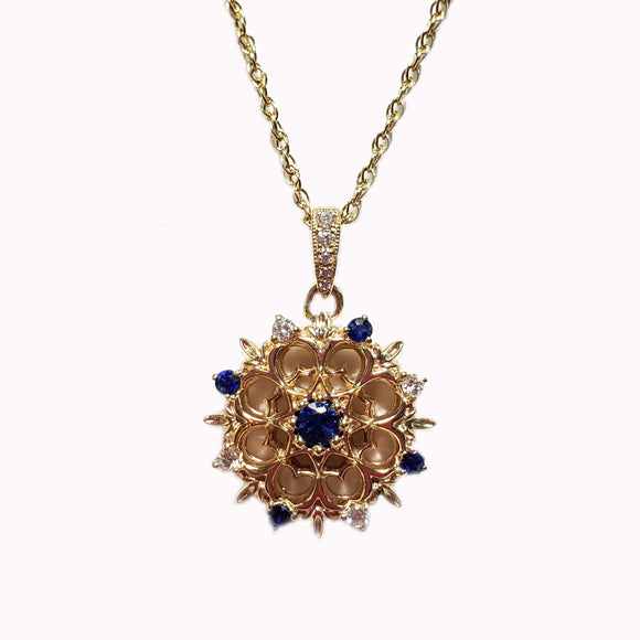 custom 14 karat yellow gold sapphire and diamond filigree pendant