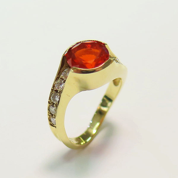 custom 14k yellow fire opal and diamond ring
