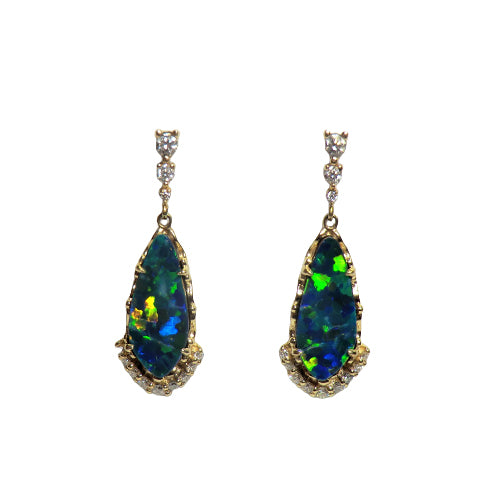 custom 14k yellow gold opal doublet and diamond earrings V1