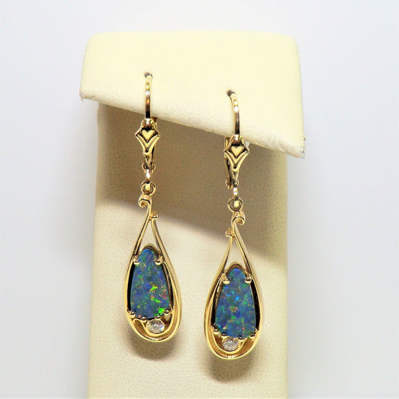 custom 14k yellow gold opal doublet and diamond earrings V2