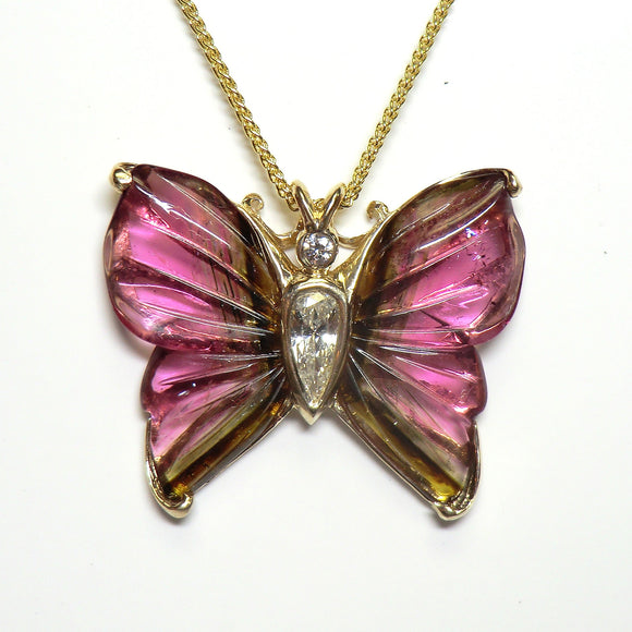 custom 14k yellow gold tourmaline and diamond butterfly pendant