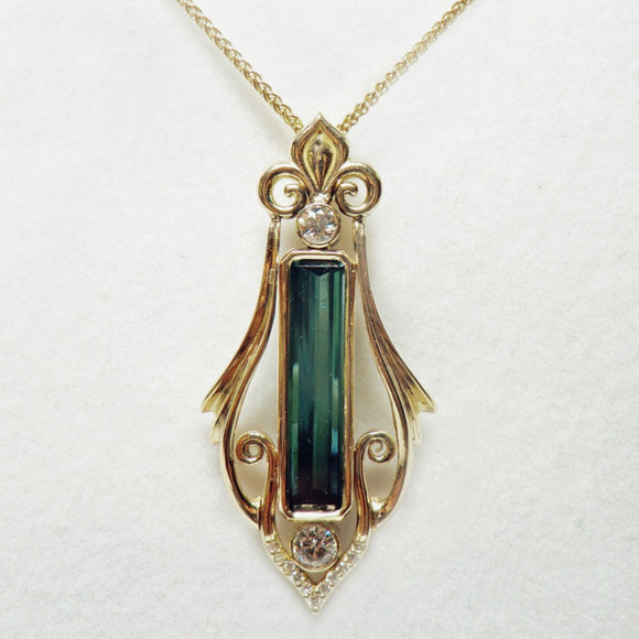 custom 14k yellow gold tourmaline and diamond pendant V1