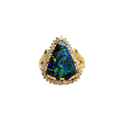 custom 18k yellow gold boulder opal and diamond ring