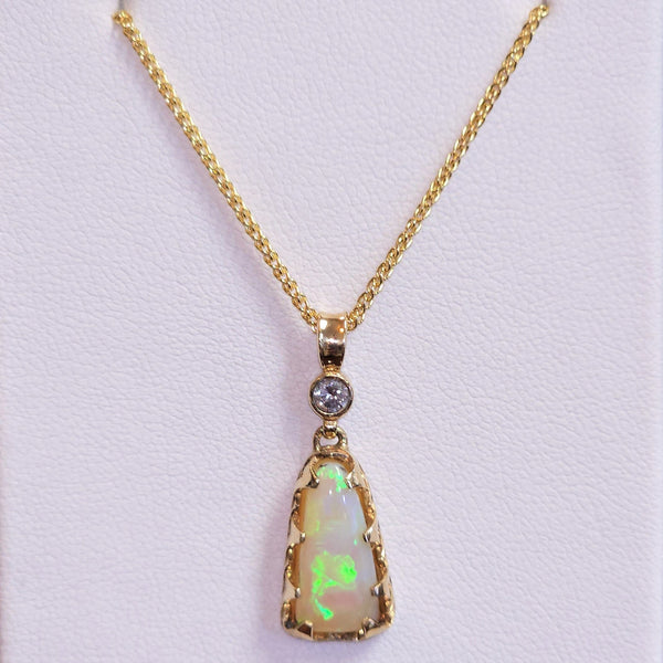 custom 18k yellow gold opal and diamond pendant