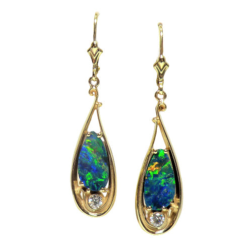 custom 18k yellow gold opal doublet and diamond earrings